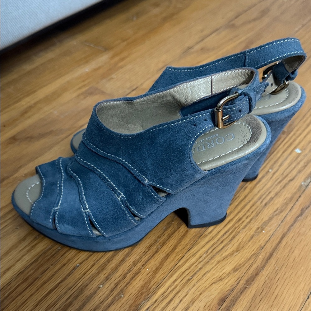 Cordani slingback suede blue wedge heels
